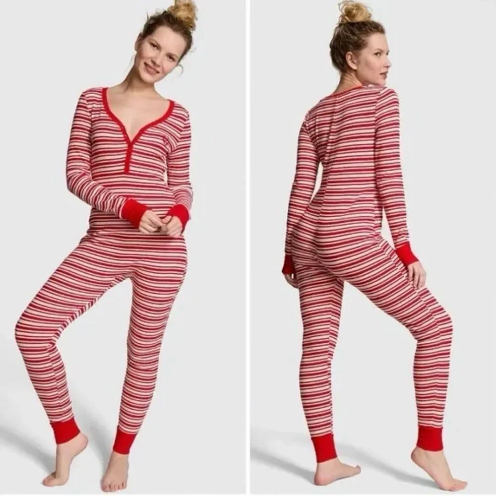 Victoria's Secret PINK Thermal Long One Piece Bright Vermillion Stripes XL NWT